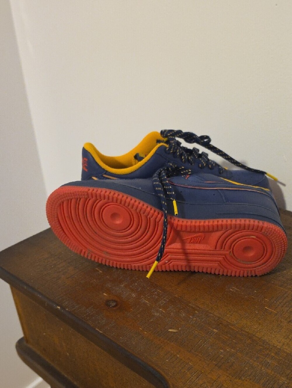 Nike Kids Navy Sneakers with Yellow Lining and Red Soles - Picture 5 of 5